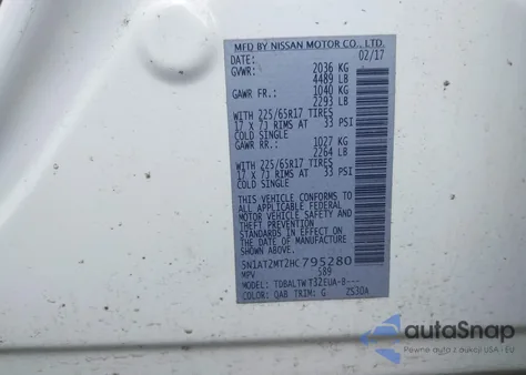 2017 Nissan Rogue Sv z USA, uszkodzony, nr VIN 5N1AT2MT2HC795280